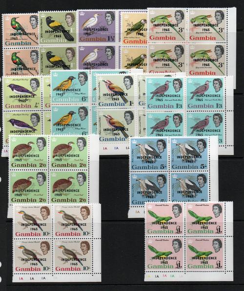 GAMBIA SG 215-227 1965 INDEPENDENCE OVERPRINT SET. IN BLOCKS MNH