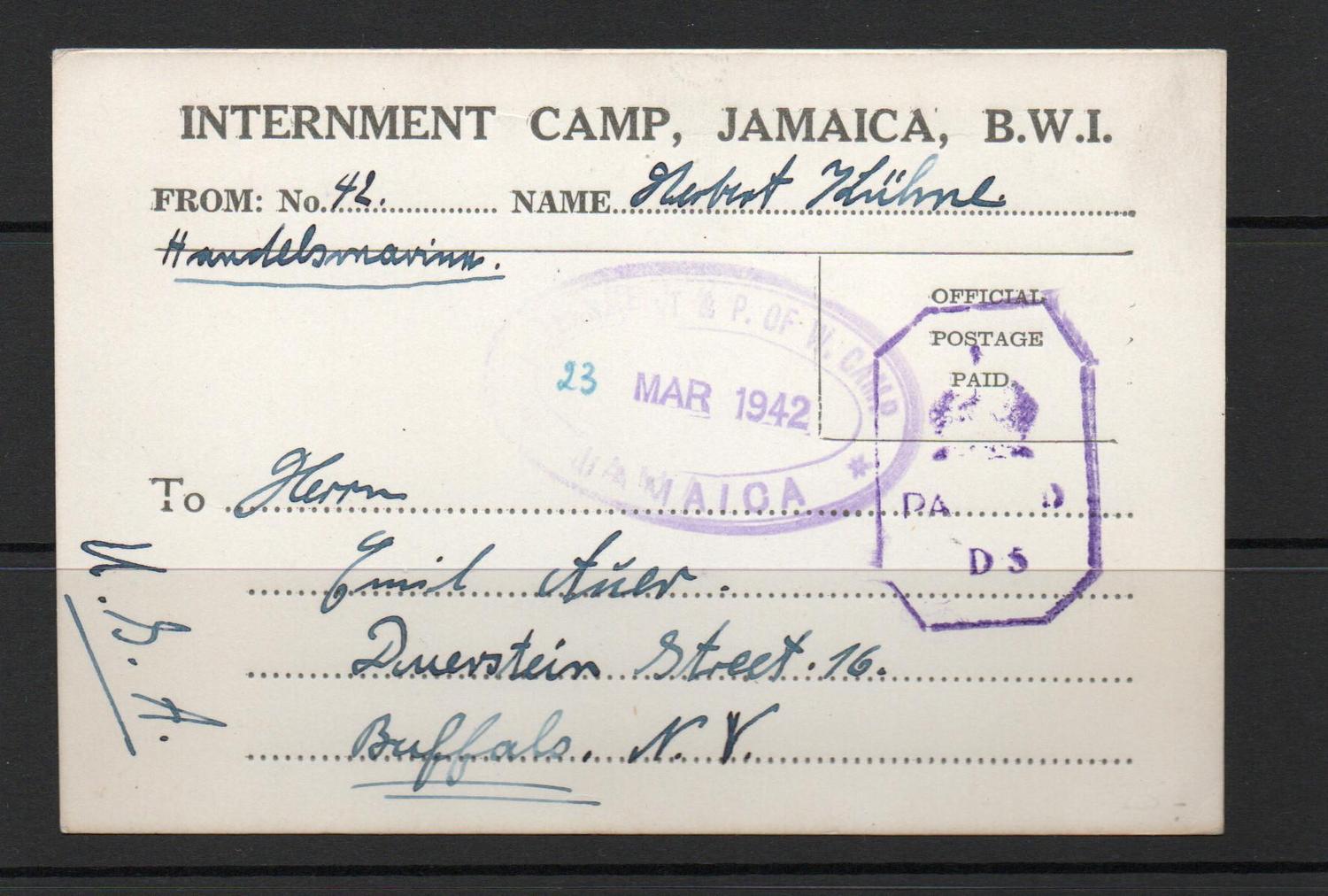 JAMAICA 1942 INTERNMENT CAMP CARD 