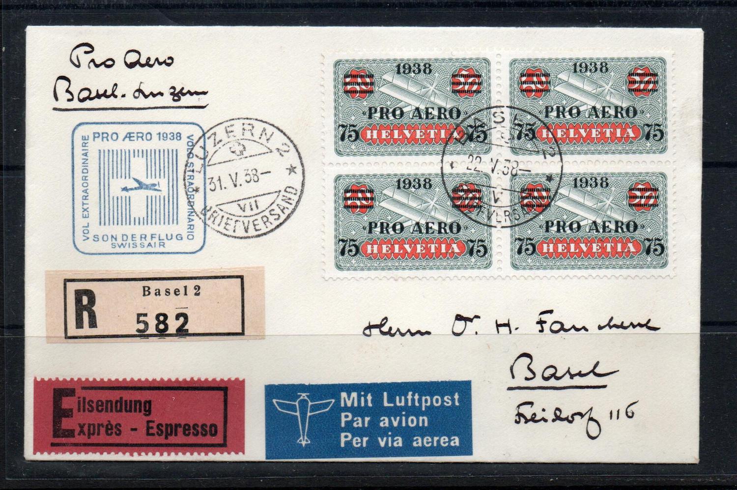 SWISS 1938  PRO AERO FLIGHT COVER