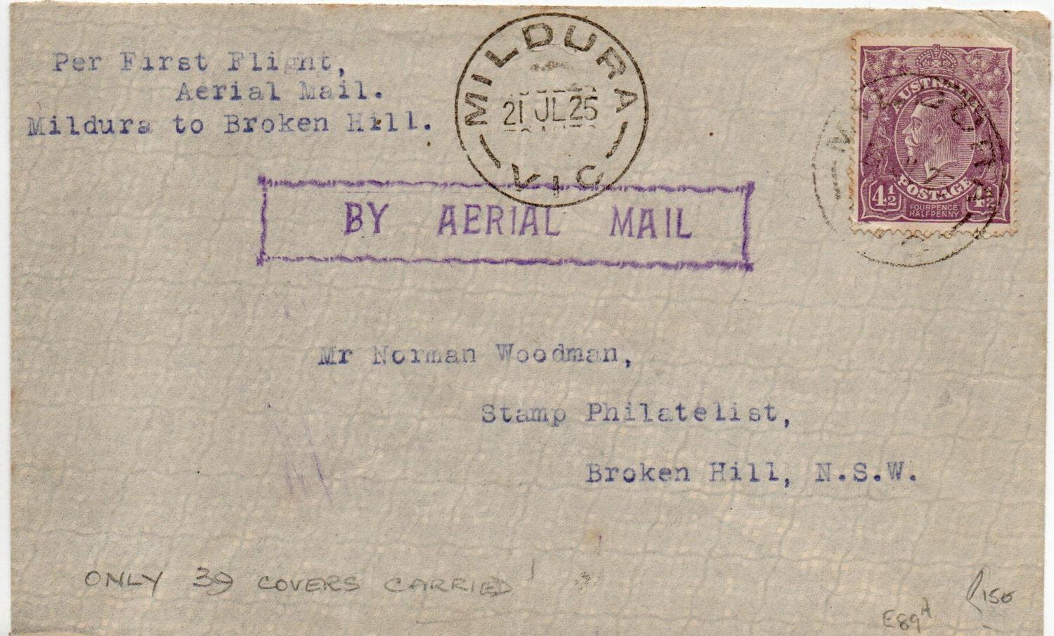 AUSTRALIA  1ST FLIGHT AERIAL MAIL MILDURA TO BROKEN HILL 