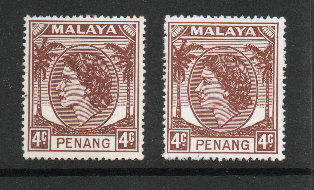 PENANG SG 30a Q E II 4 CENT SHADE + NORMAL MNH