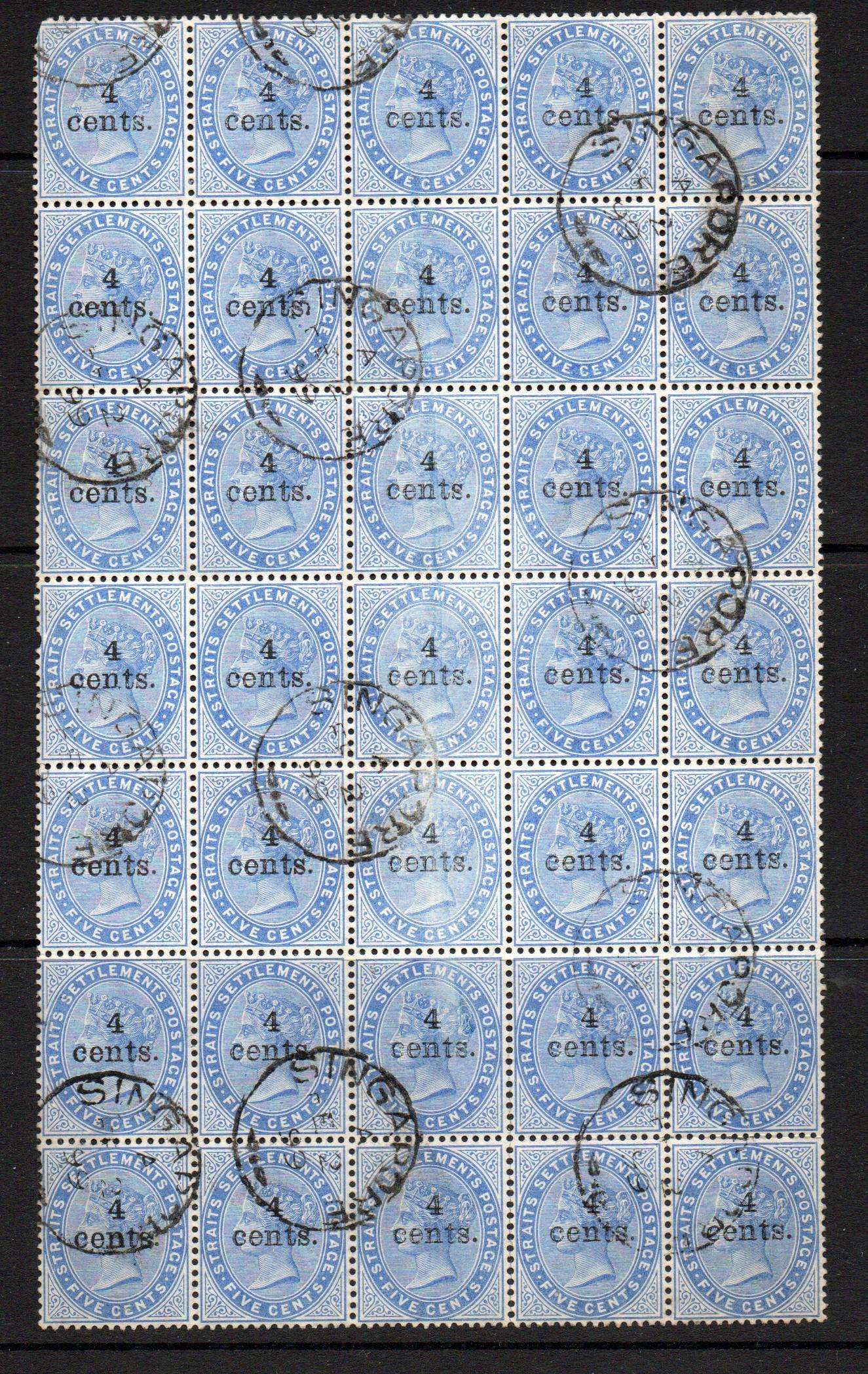 MALAYA STRAITS SETTLEMENTS SG 107 4 C ON 5 C BLUE BLOCK OF 35 USED