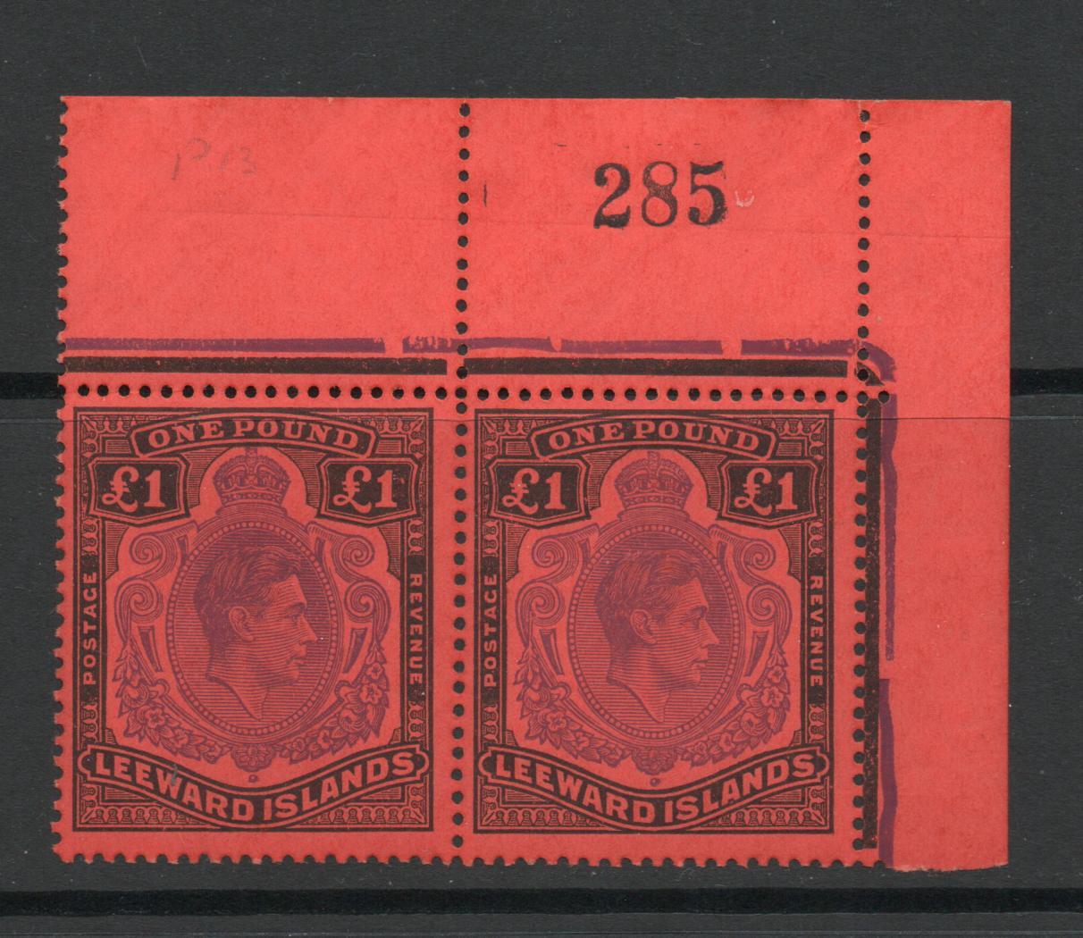 LEEWARDISLANDS 1952 GVI £1 SHEET NUMBERED CORNER PAIR. MNH