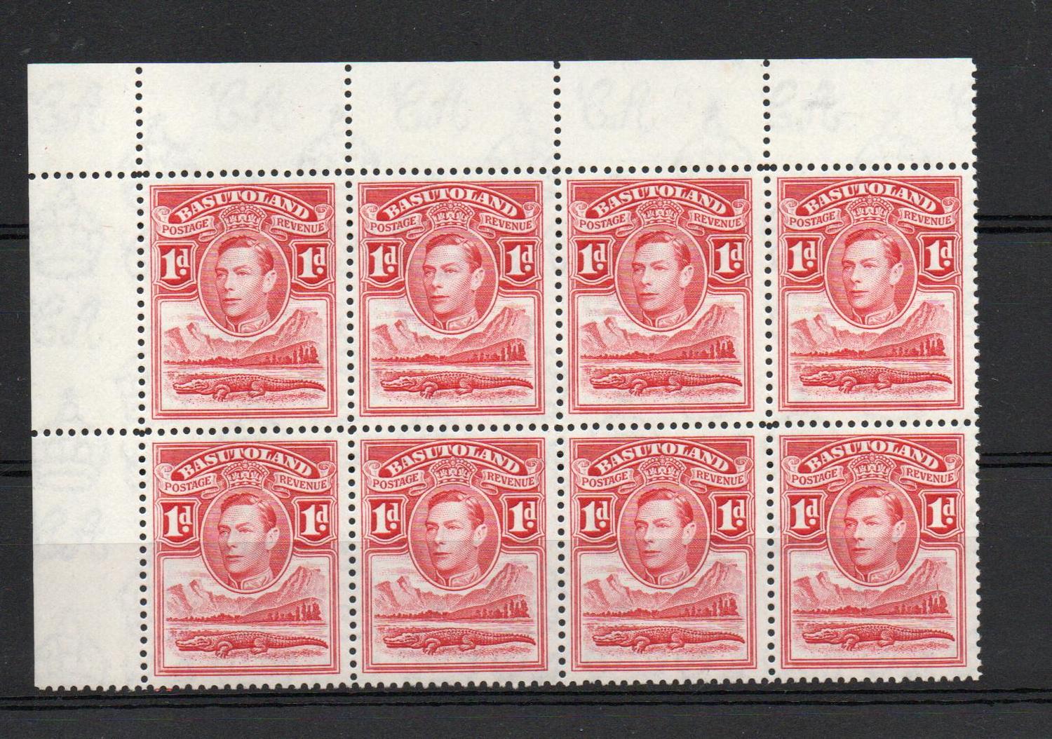 BASUTOLAND SG 19a 1d TOWER FLAW IN BLOCK OF 8 MNH