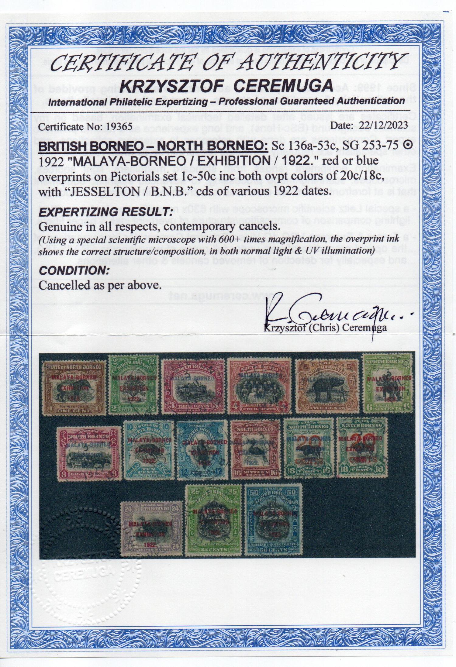 NORTH BORNEO SG 253-75 MALAYA BORNEO EXHIBITION GV SET + SG 269 + CERTIFICATE