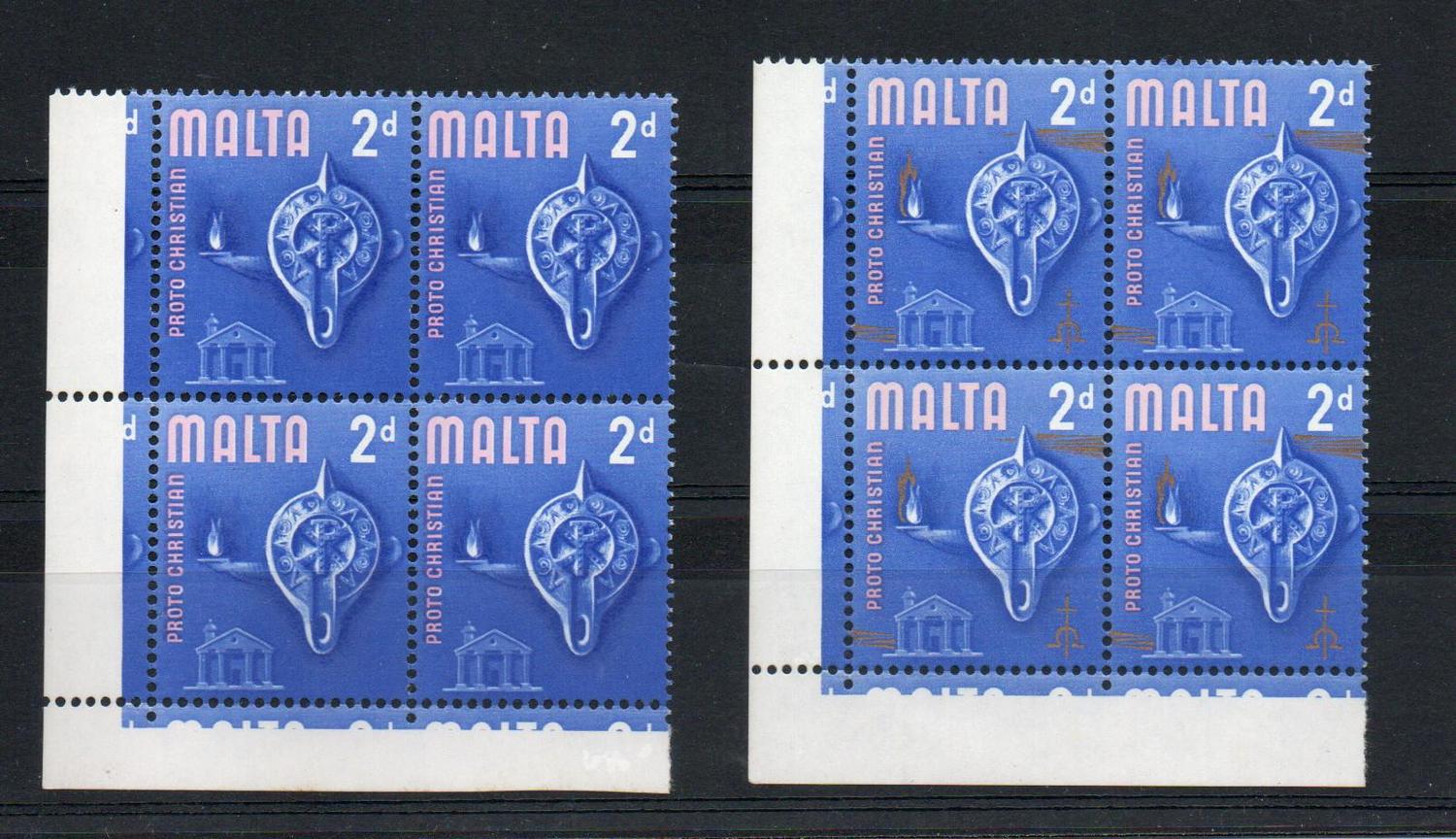 MALTA SG 333a GOLD MISSING VARIETY IN BLOCK OF 4 + NORMAL BLOCK. MNH