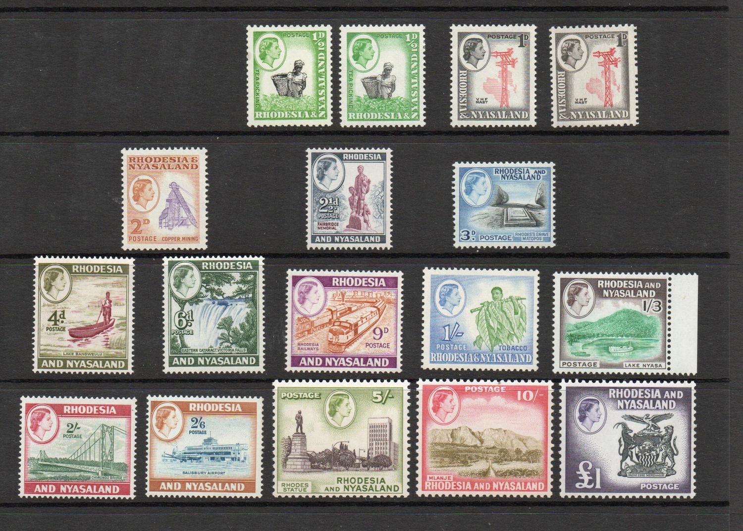 RHODESIA & NYASALAND SG 18-31 + 18a + 19a DEFINITIVE SET + COILS MNH