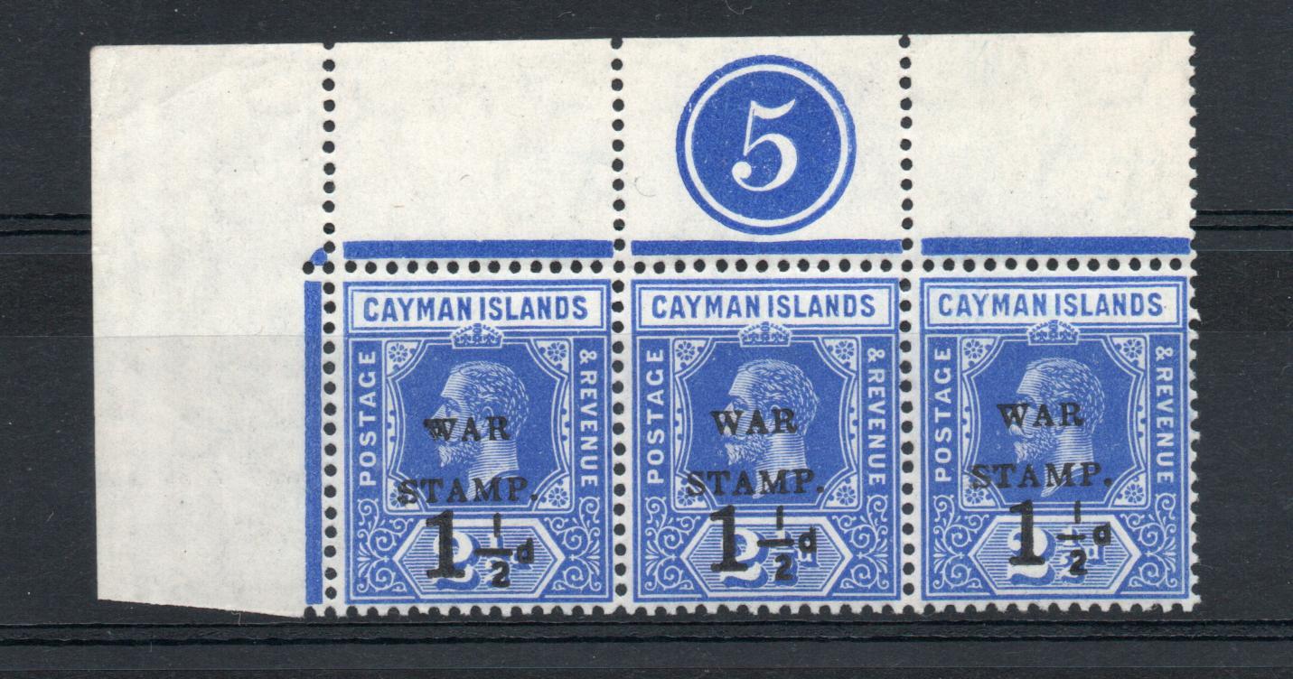 CAYMAN ISLAND SG 53 WAR TAX PLATE STRIP OF 3 MNH 