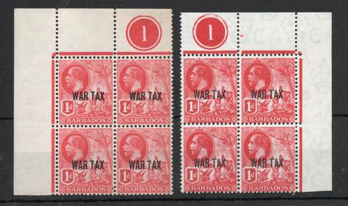 BARBADOS SG 197+ 198 WAR TAX  OVERPRINT PLATE BLOCKS MNH