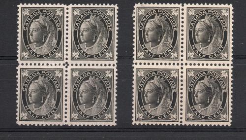 CANADA SG 141 & 142 QV  1/2 CENT BLOCKS OF 4 MNH + M/M